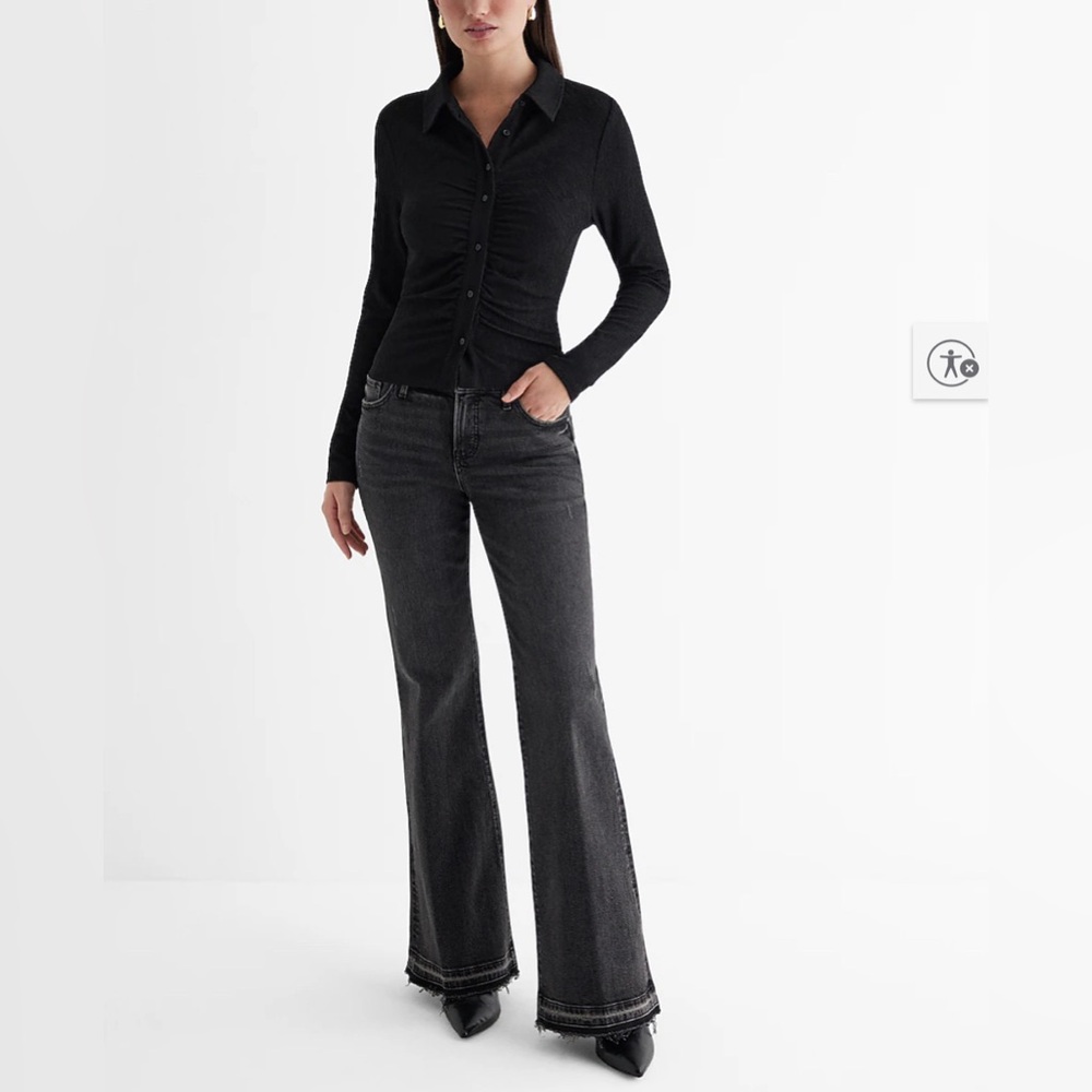 Express Mid Rise Black Drop Hem 70’s Flare Jeans